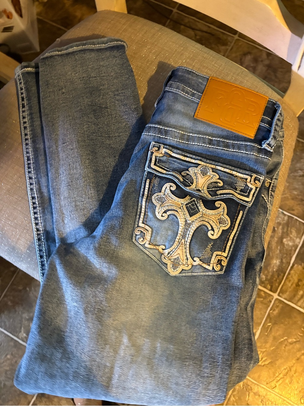 Slim Straight Men's Jeans with Embroidered Back Pocket - Blue 30/30
